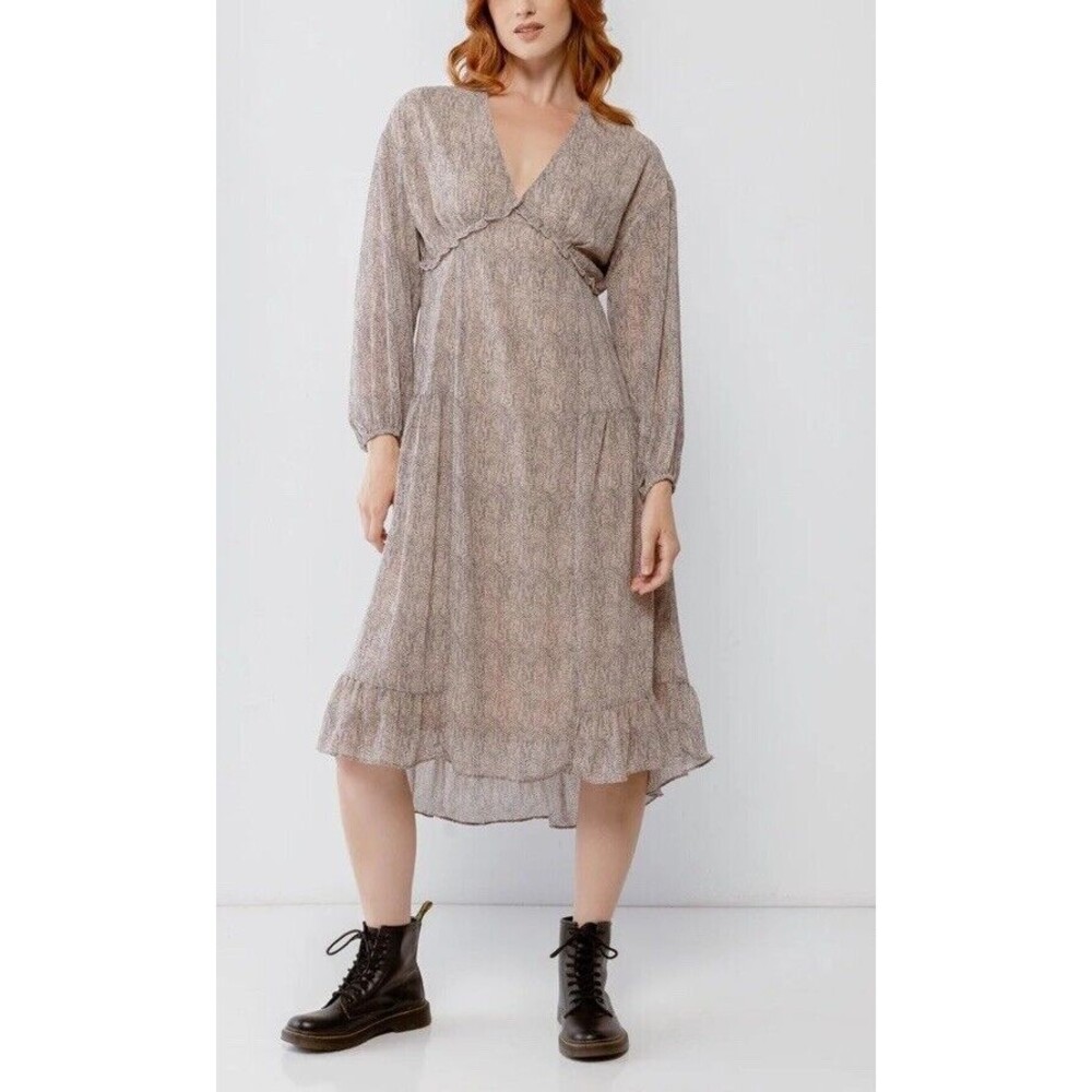Mocha Ruffled Cottagecore Prairie Midi Dress High/Low Hippy Boho Large Feminine